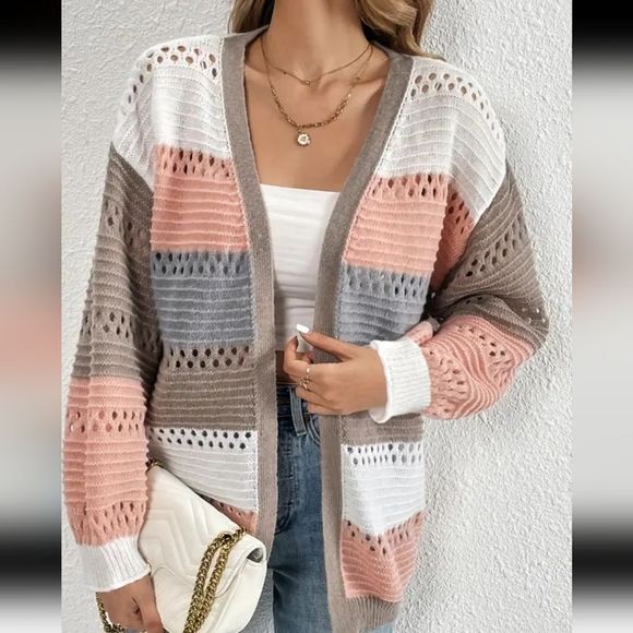 ⬆️💲15 BuNdLEd ⬆️ Women's Colorblock Nuetral Tones Open Cardigan - Picture 3 of 10